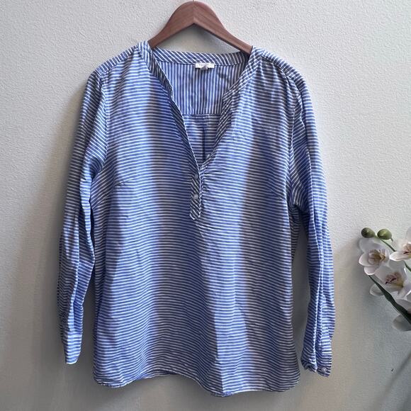 Talbots Linen Band Collar Popover Top Size XL Blue Sweet Stripe Coastal Preppy - Picture 2 of 7